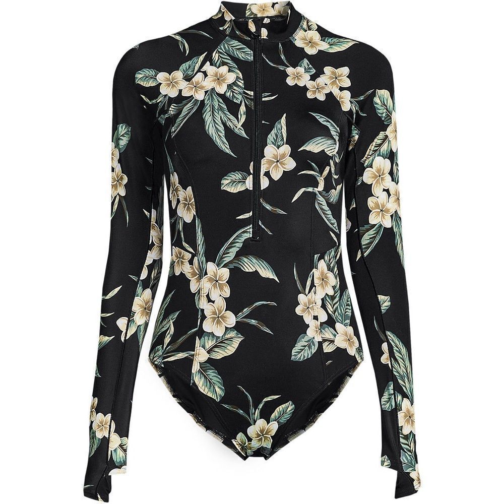 Land's End Plus Size Long Sleeve One Piece Zip Front Black Plumeria Floral Var